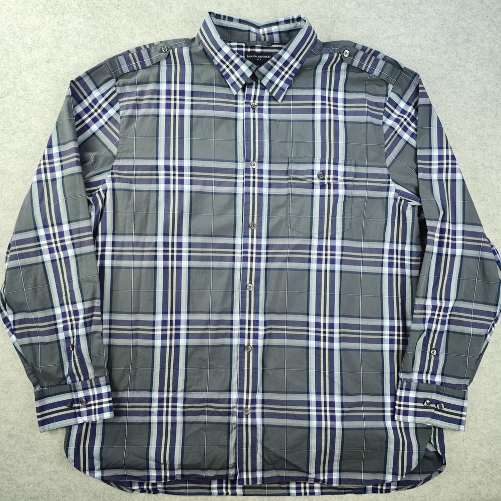 Banana Republic Shirt Mens 2XL 18 18.5 Gray Blue‎ Plaid Long Sleeve Button Up
